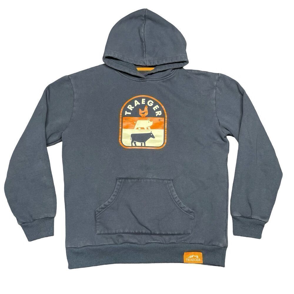 New Traeger Grill Hoodie Sweatshirt Blue Grilling Cow Pig Chicken Mens L Large